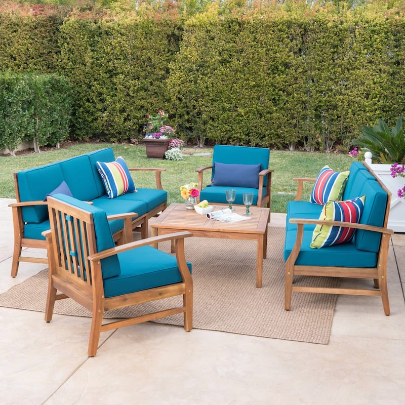 Perla Outdoor Acacia Wood 9-piece Sofa Set by Christopher Knight Home - Brown+Blue