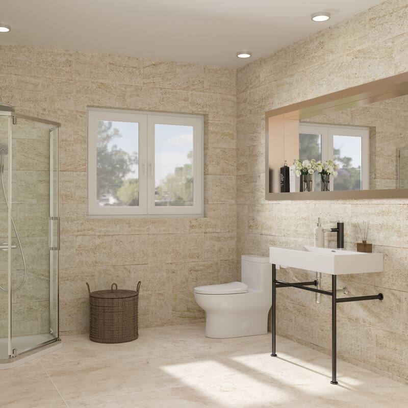 30" Ceramic Console Sink with Overflow, White Basin, Gold Stainless Steel Legs, Easy Installation