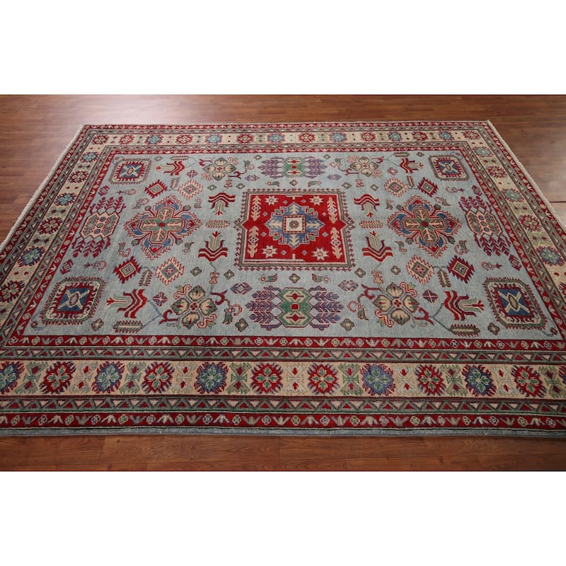Light Blue Kazak Area Rug Hand-Knotted Dining Room Wool Carpet - 6'7" x 8'7"