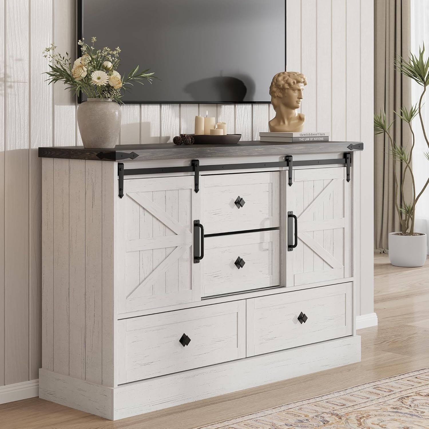 Modern Farmhouse Dresser with Sliding Barn Doors, TV Stand with Large Drawers & Bar Handles for Closet Living Room