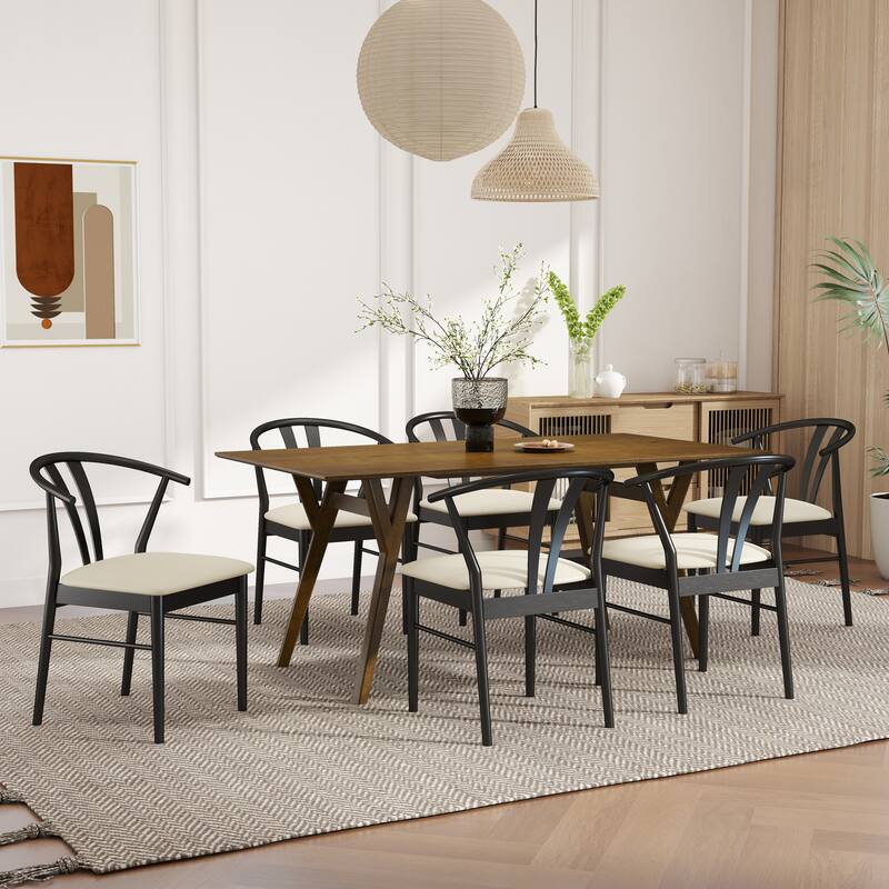 Roundhill Furniture Lavin Modern 7-Piece Dining Set, Walnut Finished Dining Table with 6 Curved Back Chairs