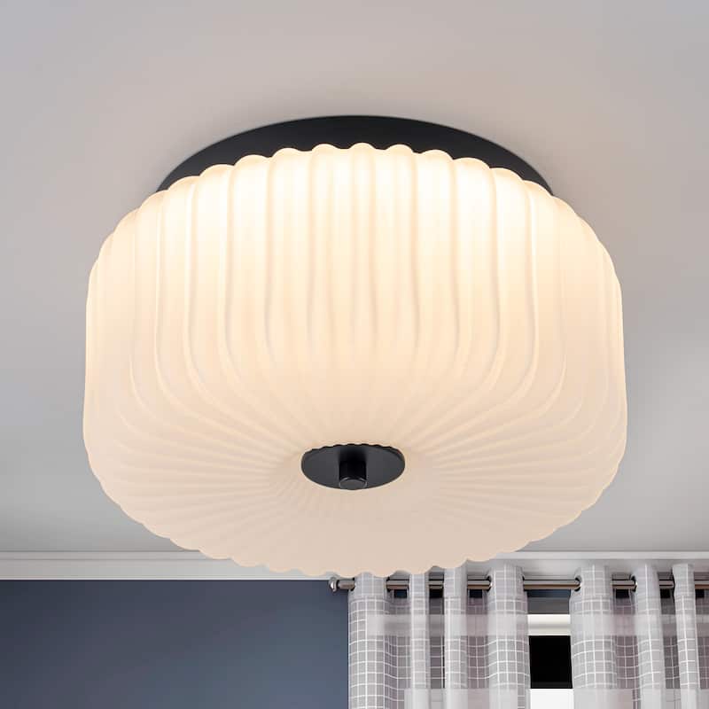C Cattleya Black Flush Mount Ceiling Light with White Ribbed Glass