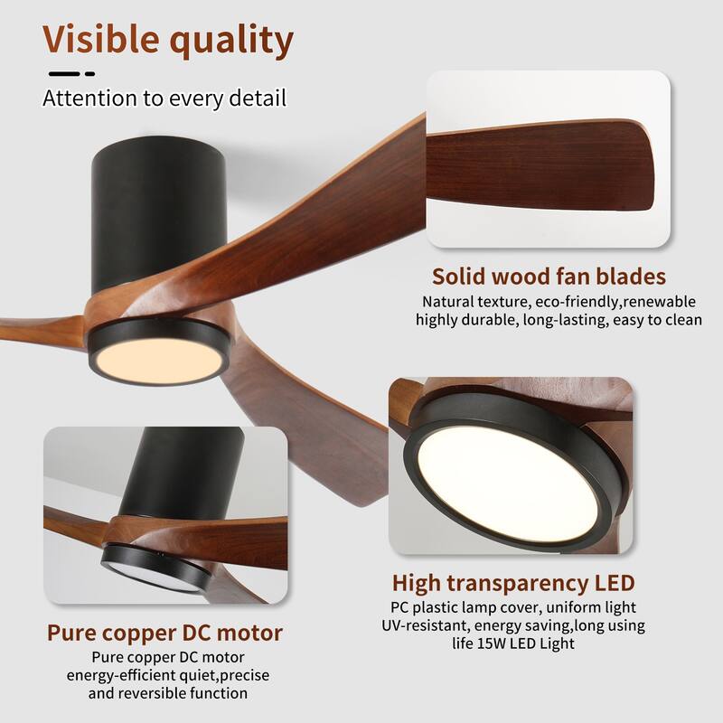 Indoor/Outdoor Flush Mount Ceiling Fan with Light & Remote Control, Rustic Wood Ceiling Fan, 6-Speed Reversible DC Motor Fan