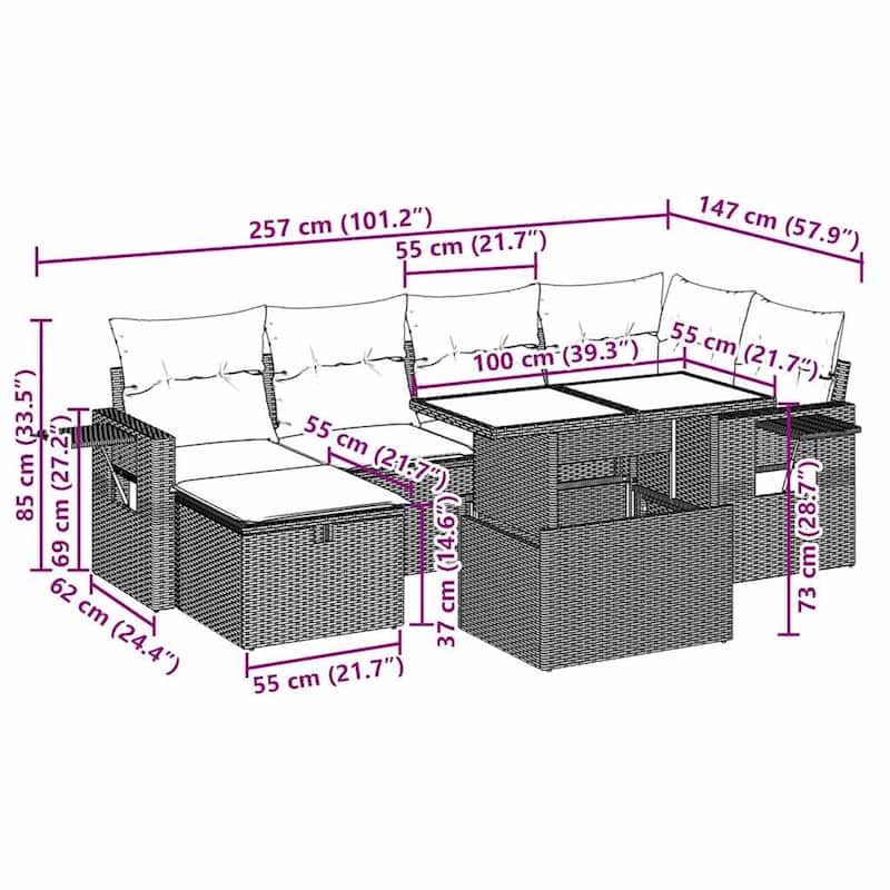 vidaXL Patio Sofa Set with Cushions and Table Outdoor Garden 7 Piece Poly Rattan