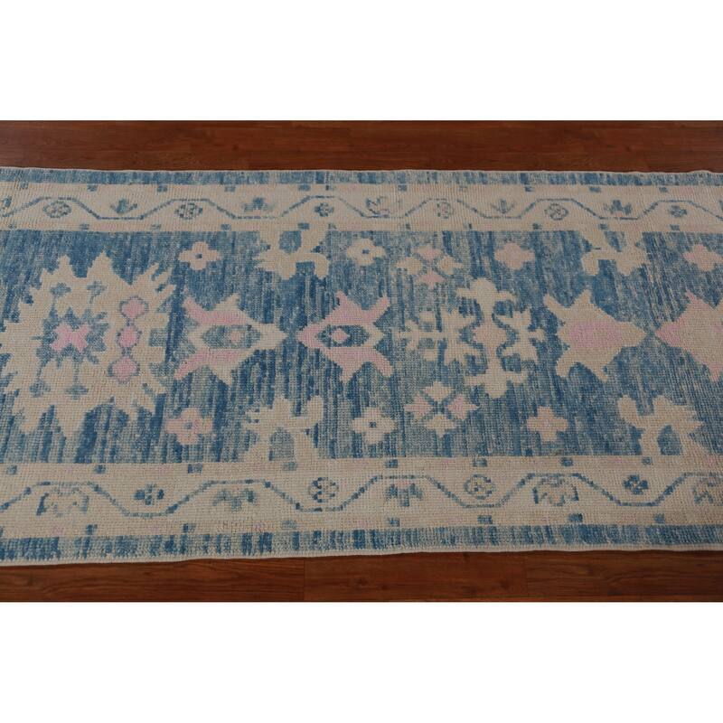 Hand Knotted Oriental 100% Wool Carpet Transitional Floral Navy Blue & Blues Oushak Runner Rug - 14' 5'' X 3' 1''