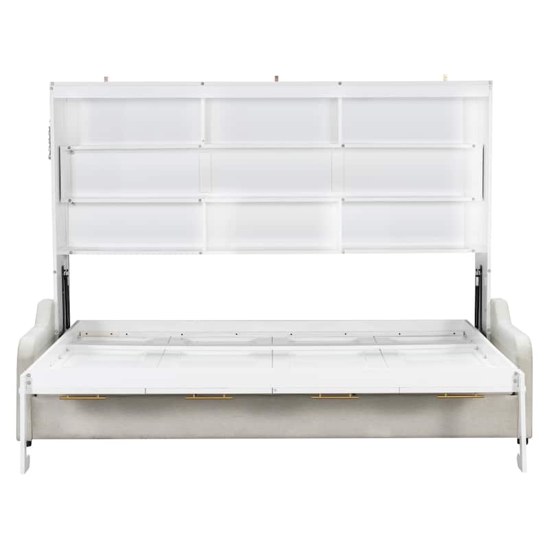 Murphy Bed Wood Cabinet Bed with Folding Sofa, Hideaway Wall Bedframe with Built-in Storage Shelves and LED Lights