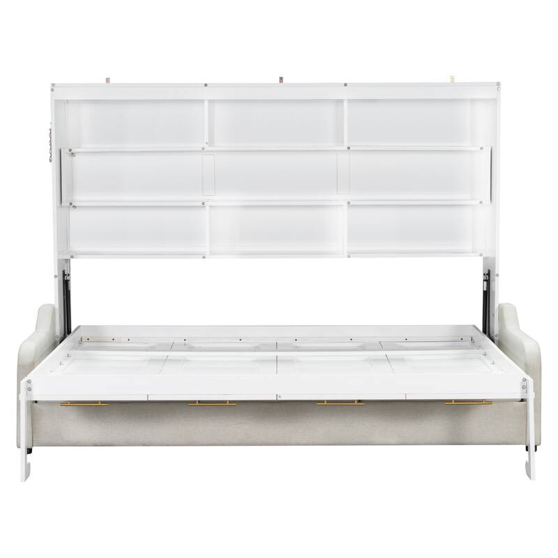 Queen Size Folding Sofa Bed with Built-in Storage and LED Light, Beige