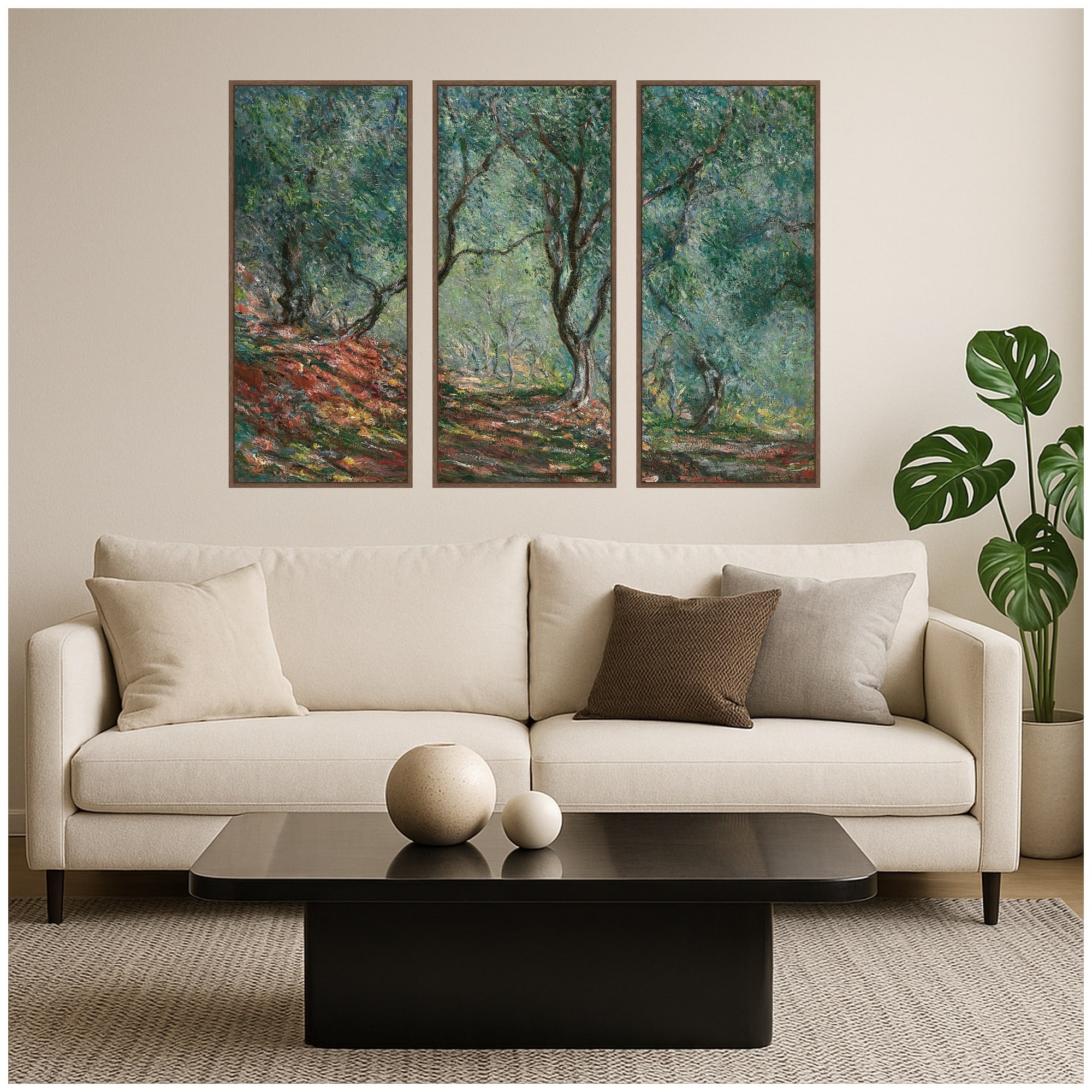 Kate and Laurel Moreno Garden Olive Trees Monet 3 Piece Framed Canvas Wall Art Set by Nostalgia Prints