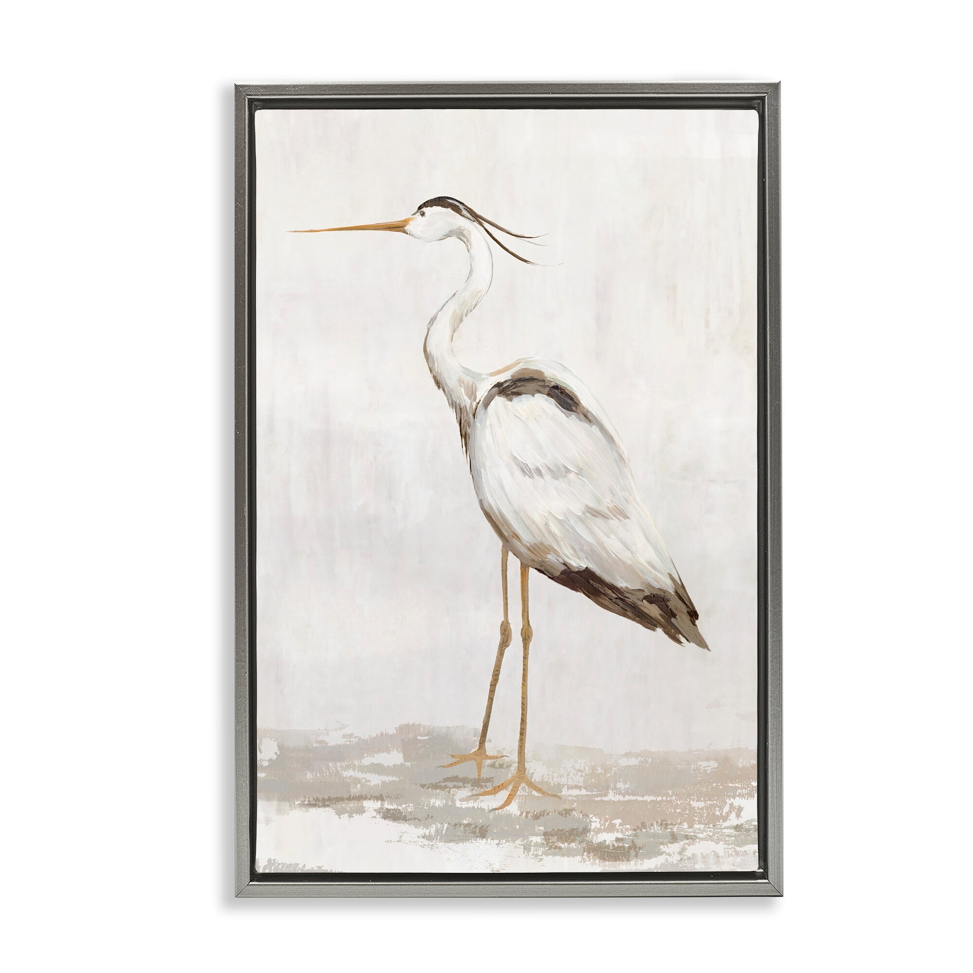 Stupell Serene Heron on Beige Framed Floater Canvas Wall Art Design By Hannah Dawson