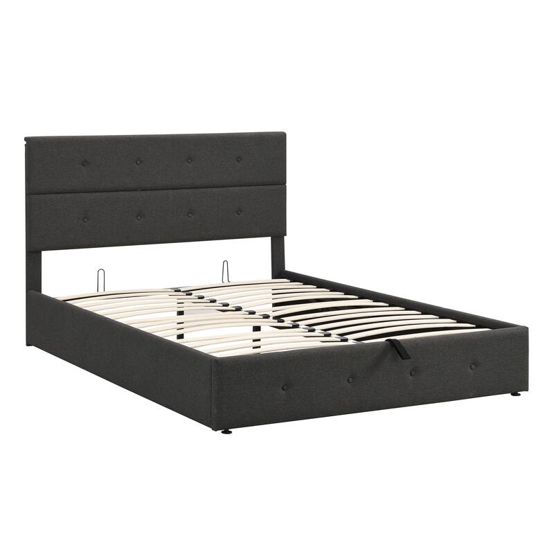 Grey Modern Queen Upholstered Platform Bed with Under-Bed Storage - Sturdy Construction