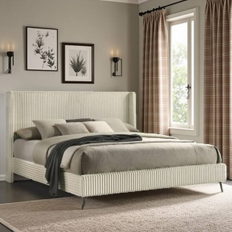 King Size Upholstered Panel Bed with Wide Wale Corduroy Fabric, Elegant Wingback Headboard, Modern Design - King Cream - King