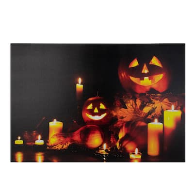 LED Lighted Jack-O-Lanterns and Leaves Halloween Canvas Wall Art 15.75" x 23.5"