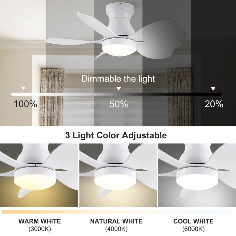 30" Modern White/Black Kid's Timing Ceiling Fan with Dimmable LED and Remote for Small Children Room