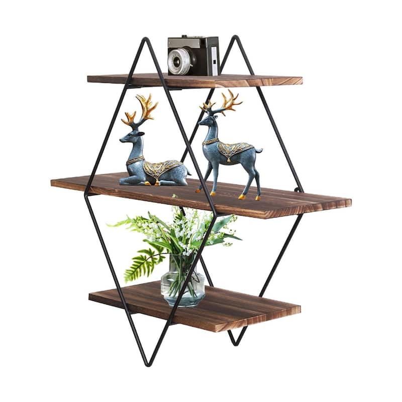 Floating Wall Mounted Display Shelf 3 Tiered Wooden Shelves Black Frame Shelving