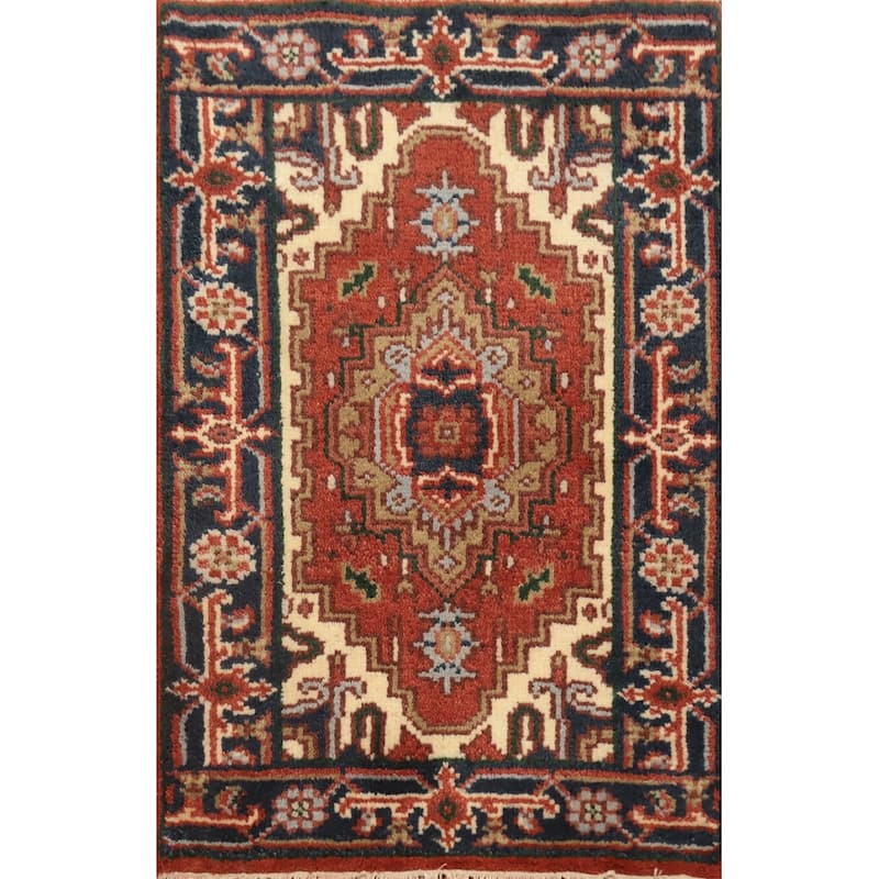 Hand Knotted Oriental 100% Wool Carpet Traditional Geometric Oranges & Rust Heriz (serapi) Area Rug - 3' 0'' X 2' 0''