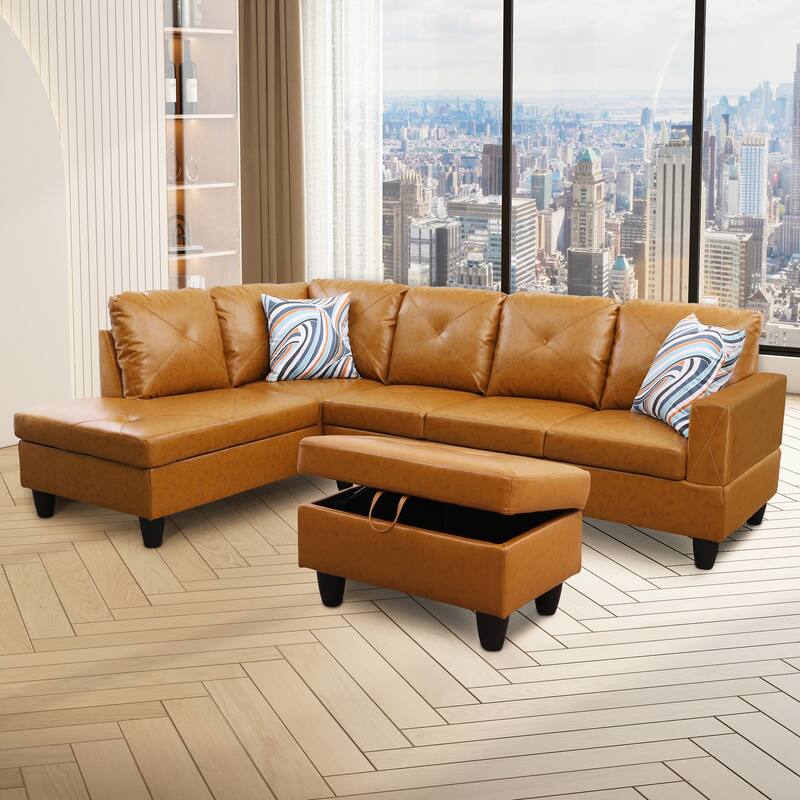 L-Shaped PU Leather Sofa & Chaise with Ottoman