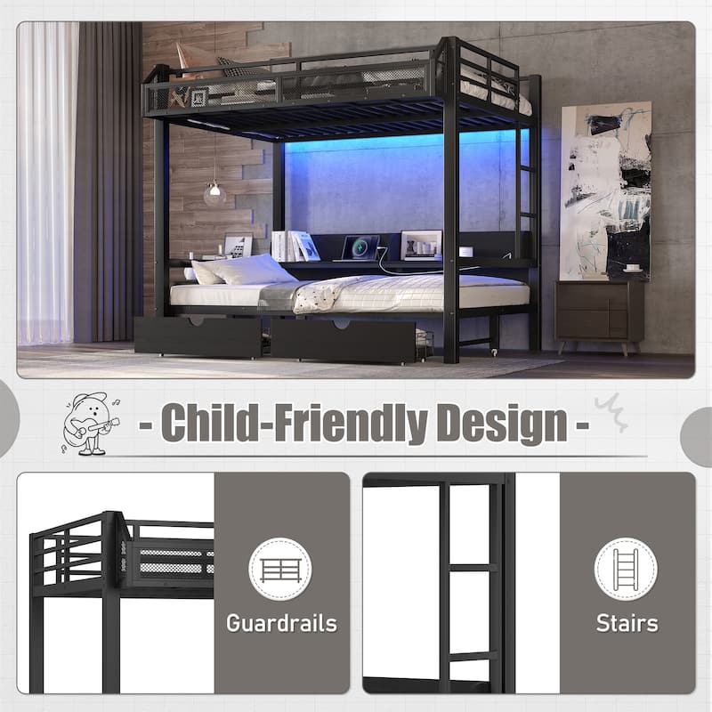 Full over Full Bunk Bed with Storage Shelves and Drawers,Multifunctional Metal Bunk Beds with USB Ports and LED Lights