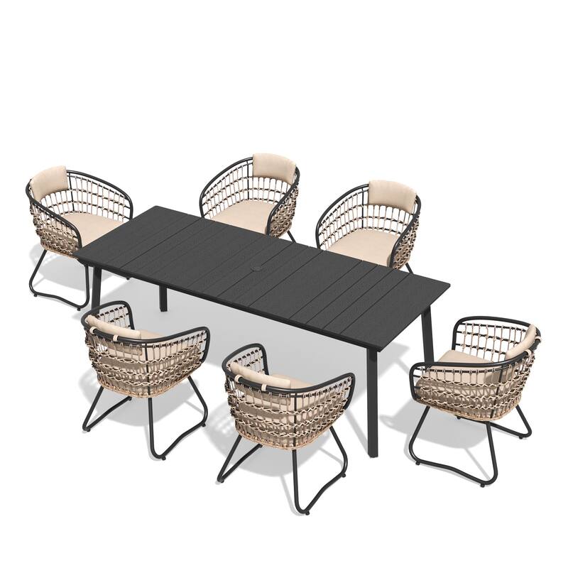 7-Piece Outdoor Rectangle Patio Dining Table with Umbrella Hole and Cushioned PE Rattan Chairs
