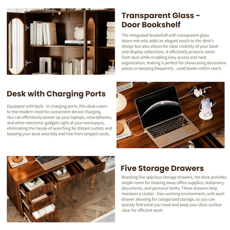 Computer Desk with Charging Ports & Hutch, Office Desk with 5 Drawers & Transparent Glass-Door, Home Executive Computer Desk