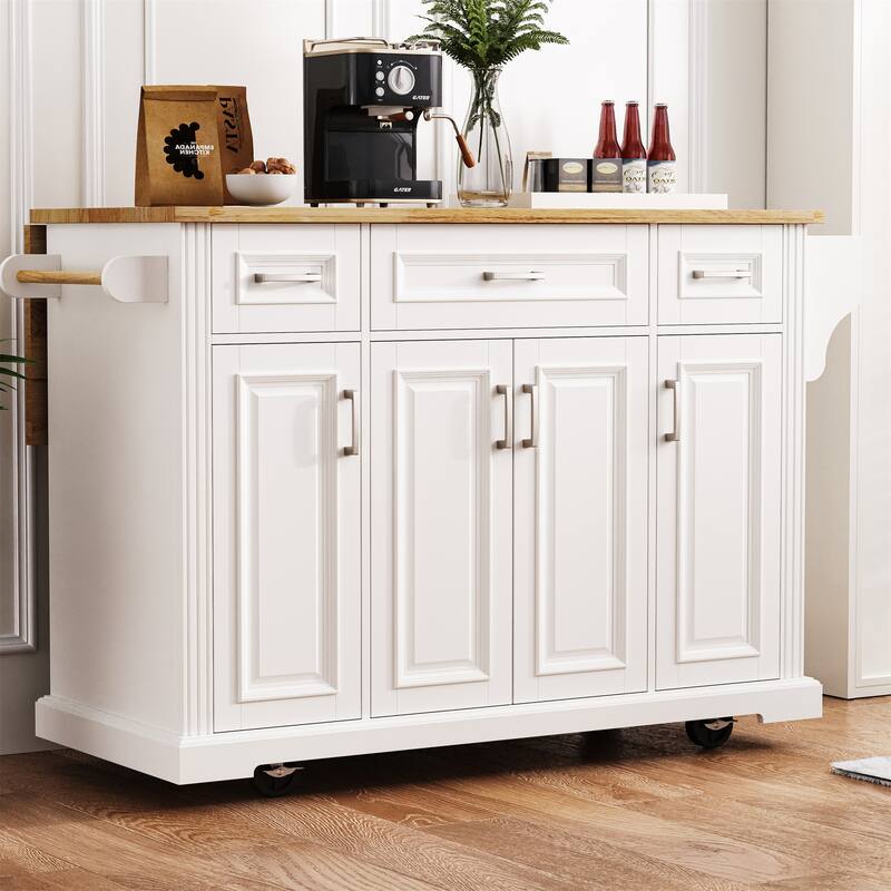 54" Wood Rolling Kitchen Island with Drop Leaf,4 Doors and 3 Drawers