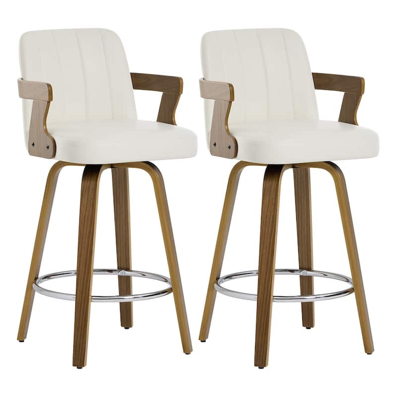Upholstered Swivel Barstool with Arms and Bentwood Legs - 40.8"H x 18.9"W x 19.5"D/19.3"D