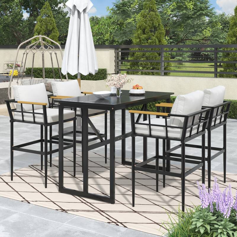 Iron Outdoor Dining Set with Acacia Wood Armrest