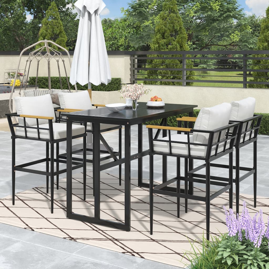 Iron Outdoor Dining Set with Acacia Wood Armrest
