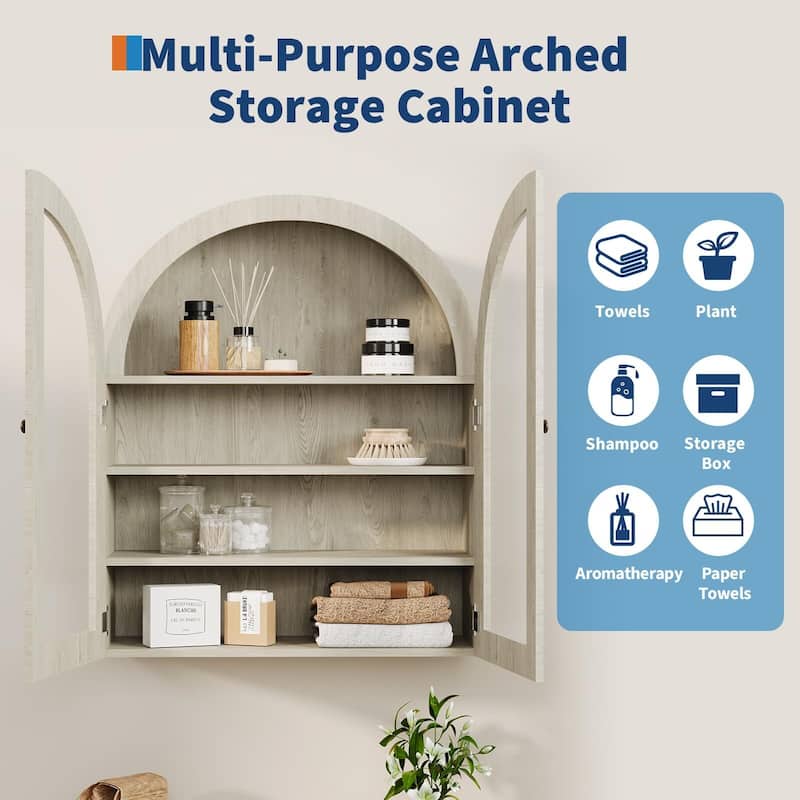 Arched Wall Cabinet, Small Wall-Mounted Bathroom Medicine Cabinet with Glass Doors & Adjustable Shelves