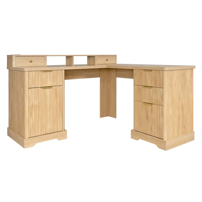 Executive L Shaped Desk Home Office Desk with Charging Station, Corner Computer Desk with Monitor Stand, Drawer, Storage Cabinet