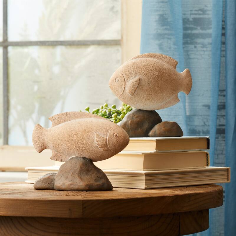 Fish on Rock Decorations - 6.5" - Beige and Gray - Set of 4