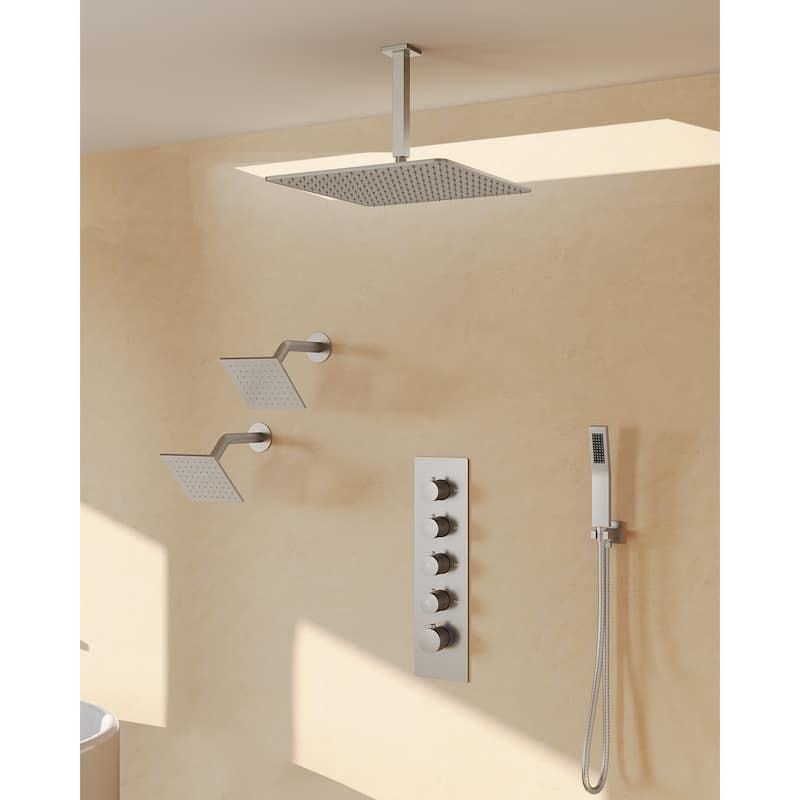 GRANDJOY High Pressure Shower Faucet System 16" Ceiling and dual 6" Wall Mounted Shower Head Combo Handheld Shower Spray