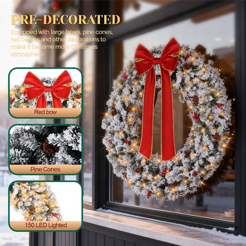 Pre-lit Snow Flocked Christmas Wreath, Lighted Artificial Xmas Wreath with Lights and DIY Ornaments, for Xmas Party Decorations