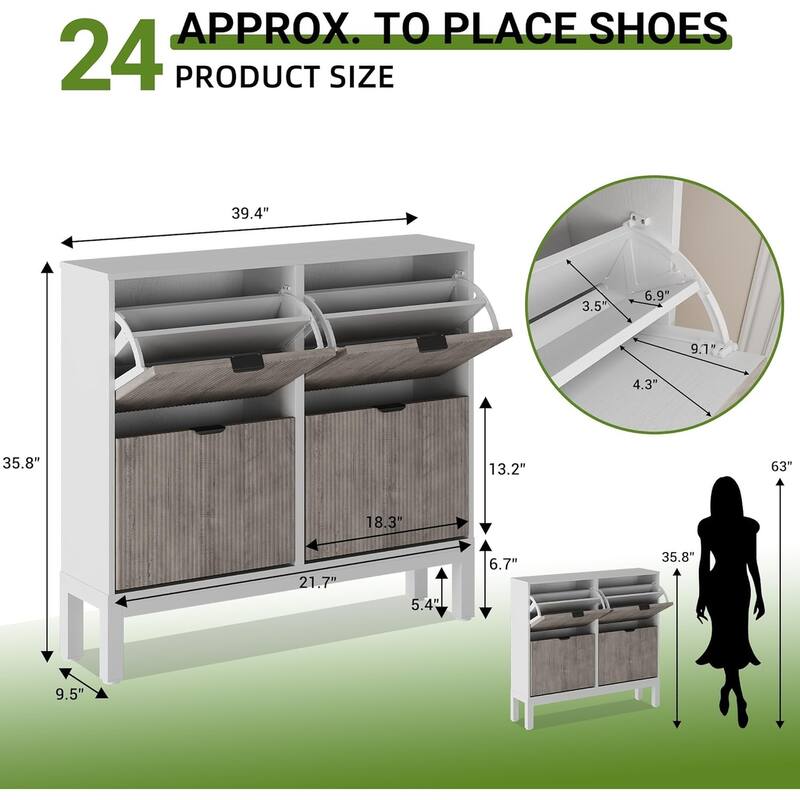 Shoe Storage Cabinet with 4 Flip Drawers, Fluted Shoe Organizer with Metal Legs