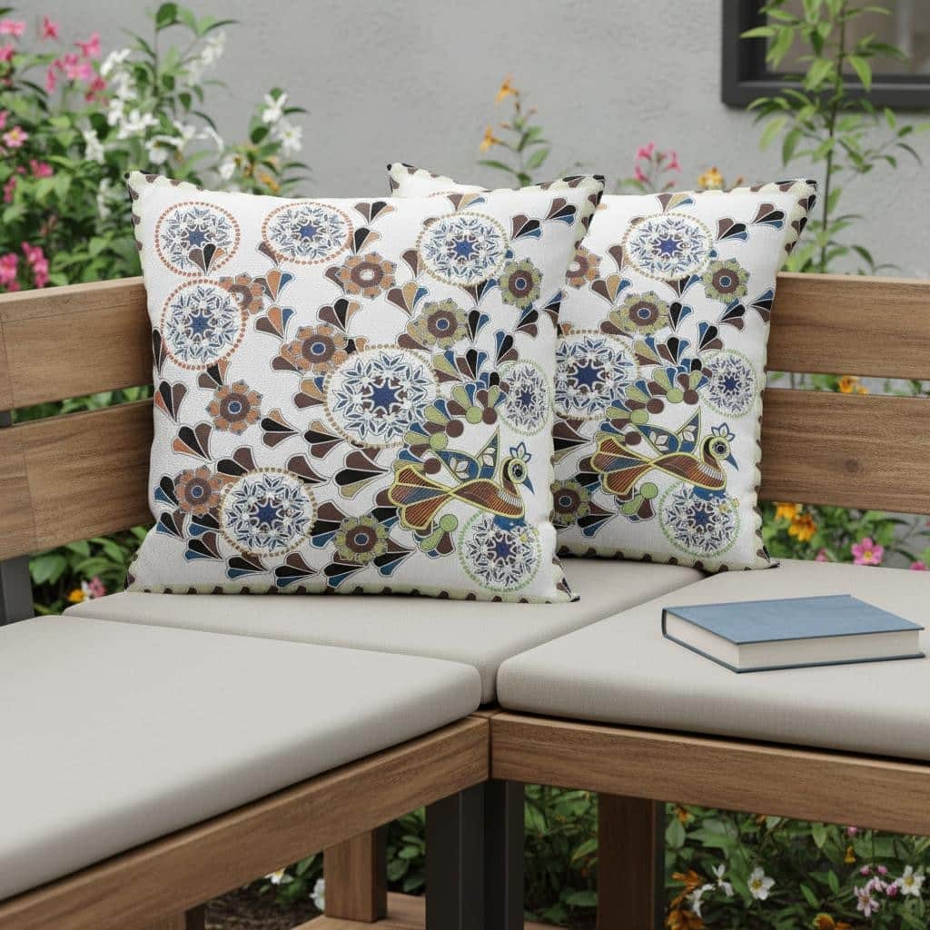 HomeRoots Set of Two 16" X 16" Blue and Off White Peacock Blown Seam Floral Indoor Outdoor Throw Pillow