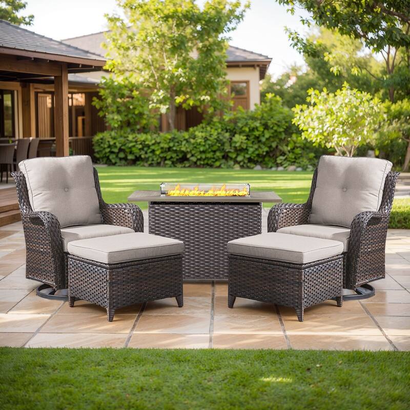 Fire Pit Table with Patio Glider Chairs Ottomans Brown-Beige - Brown - Brown - Beige