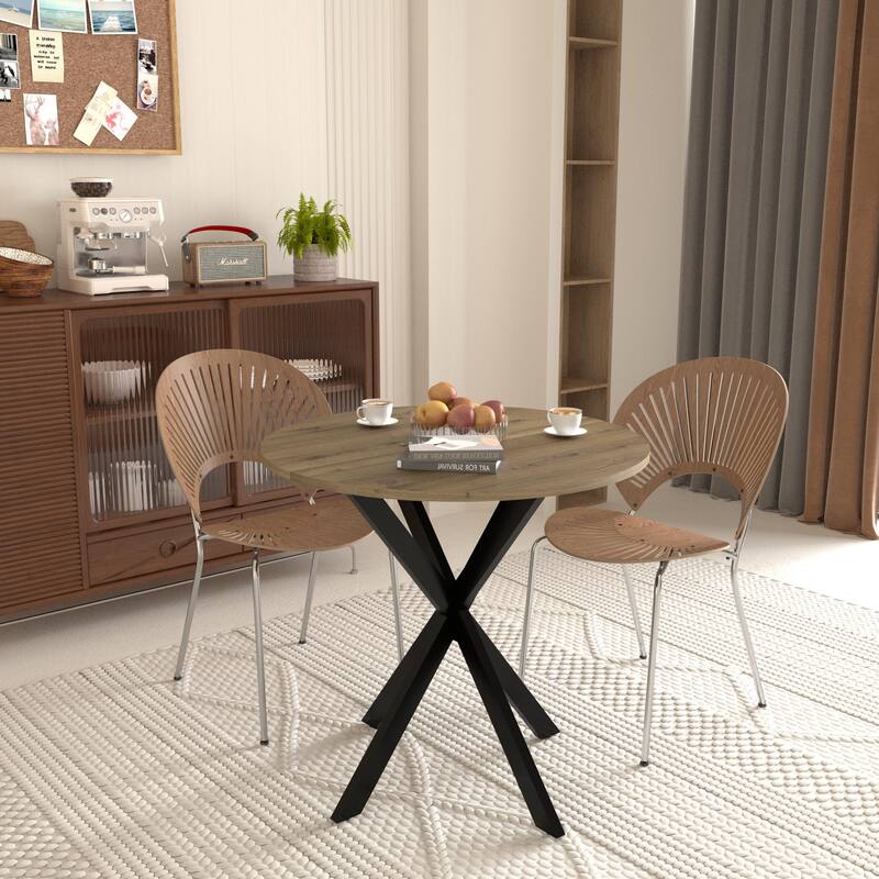 Anmytek Round Dining Table Modern Wood Top and Metal Frame Brown Industrial Kitchen Table