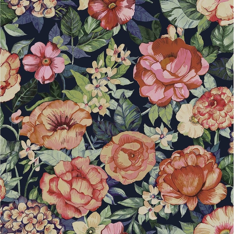 Nextwall Watercolor Floral Garden Peel And Stick Wallpaper - 20.5 in. W x 18 ft. L - Coral Rose & Dark Blue