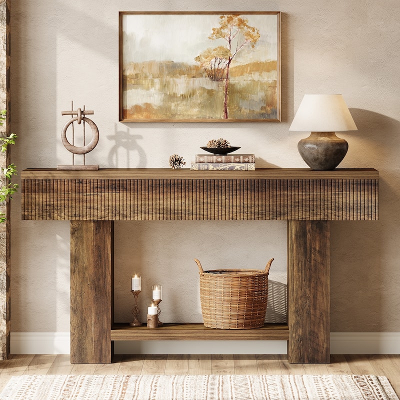 Rustic Entryway Console Table with 2-tier Storage Shelf, Sofa Table - Chocolate