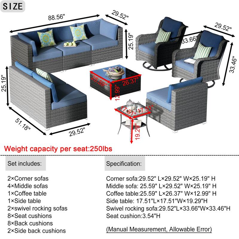 OVIOS 10-Piece Low-profile Swivel Chair Wicker Outdoor Patio Furniture Set