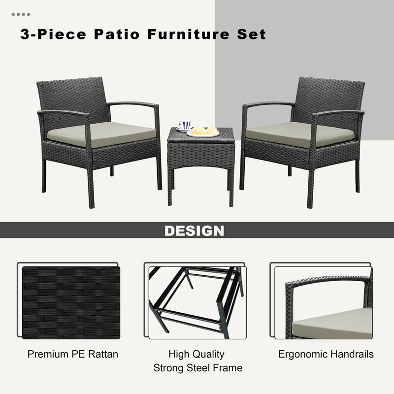Outdoor Furniture 3 Piece Patio Bistro Furniture Set, Rattan Conversation Chairs Set with Side Table and Cushions