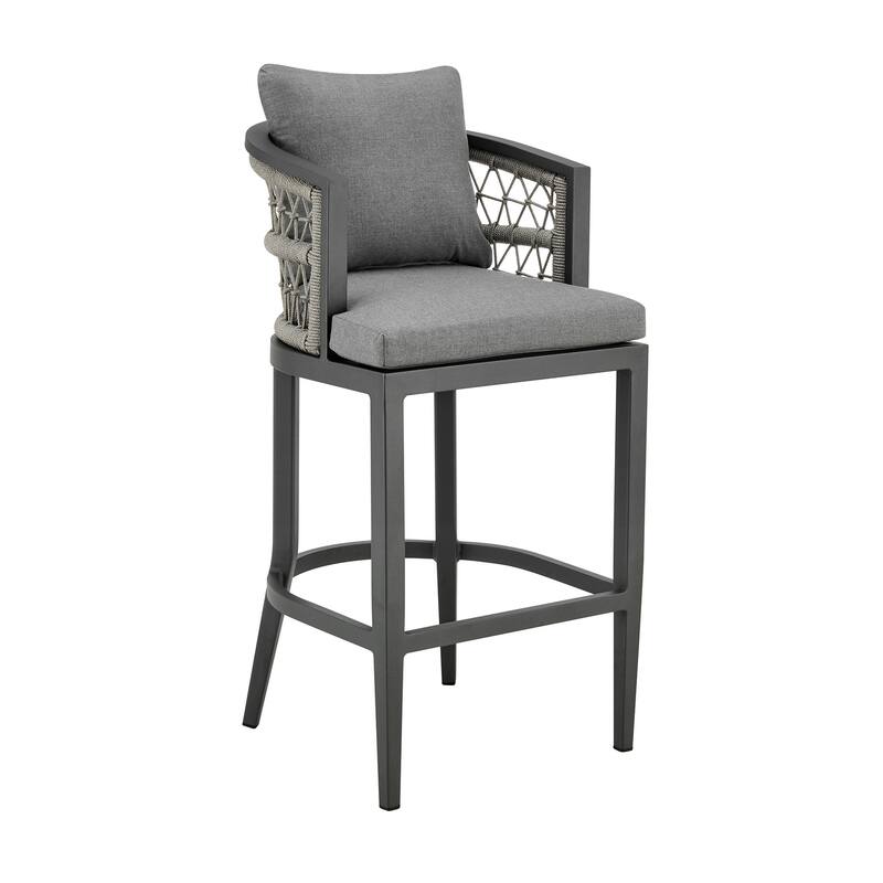 Hosa 30 Inch Outdoor Patio Barstool Chair, Gray Aluminum, Woven Rope