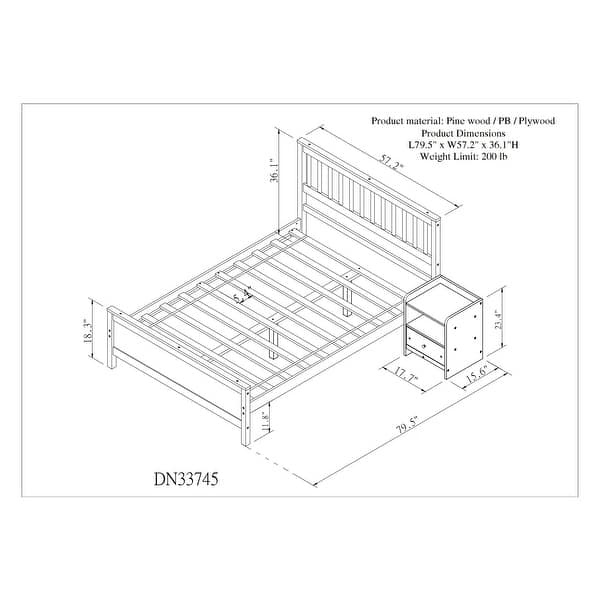 Full Platform Bed with Slatted Headboard, Footboard & Nightstand - Classic Set