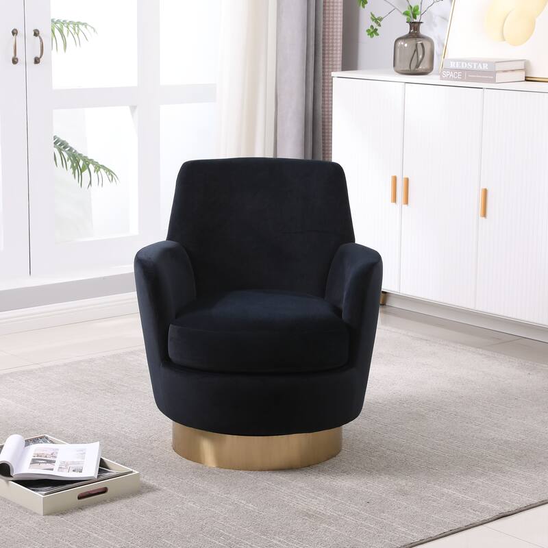 Velvet Swivel Barrel Chair with Gold Base & High-Density Foam - Black