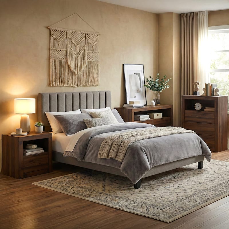 Furniture of America Merro Modern 4-Piece Solid Wood Bedroom Set - Walnut/Brown - Queen