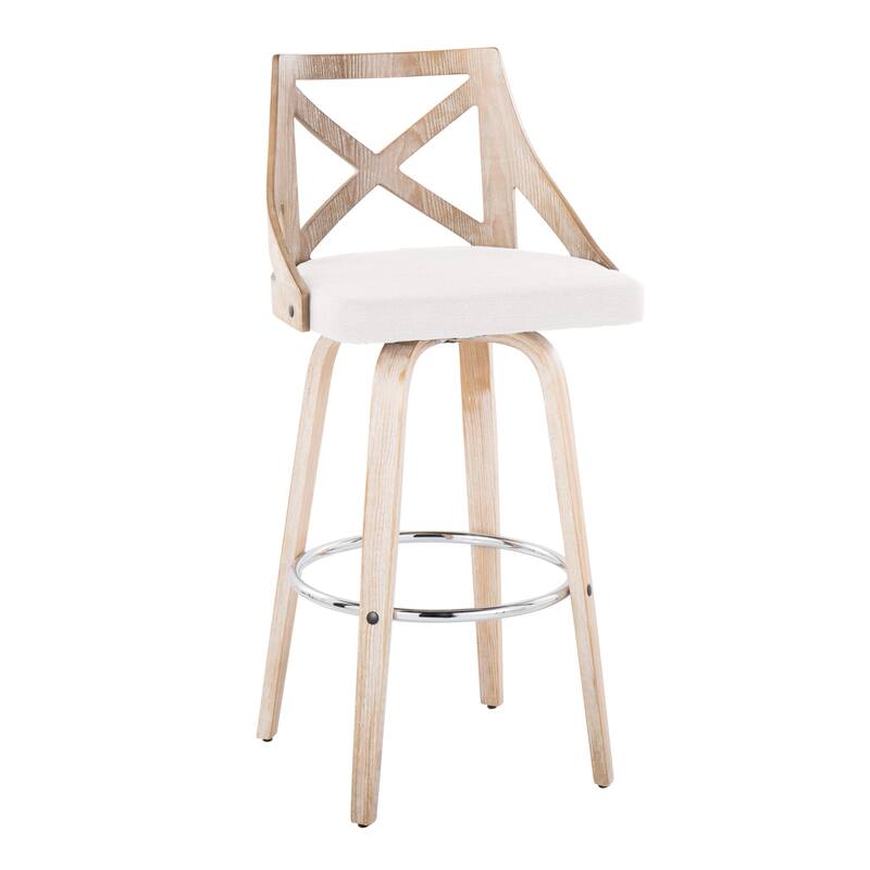 The Gray Barn Charlotte 30" Fixed-Height Bar Stool with Bent Wood Legs (Set of 2) - Cream Fabric/White Washed Wood/Chrome Footrest