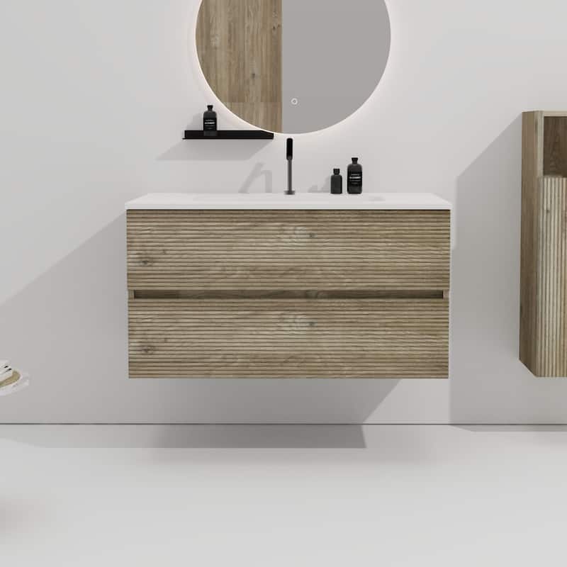 35" Modern Bathroom Vanity with Silent Soft-Closing Drawers, Eco-Friendly Natural Oak Finish