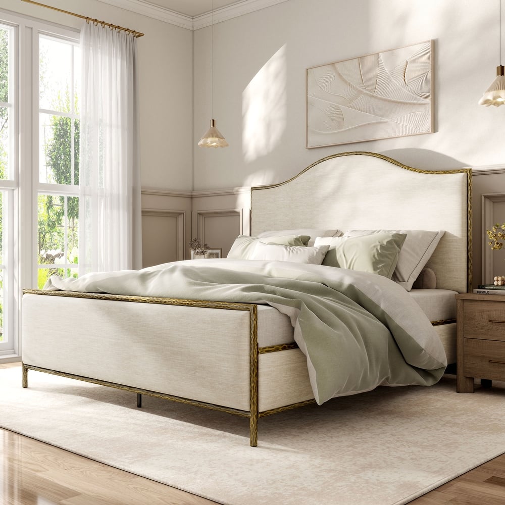 247 Shop At Home Lalia Modern Beige Upholstered Hammered Metal Camelback Bed