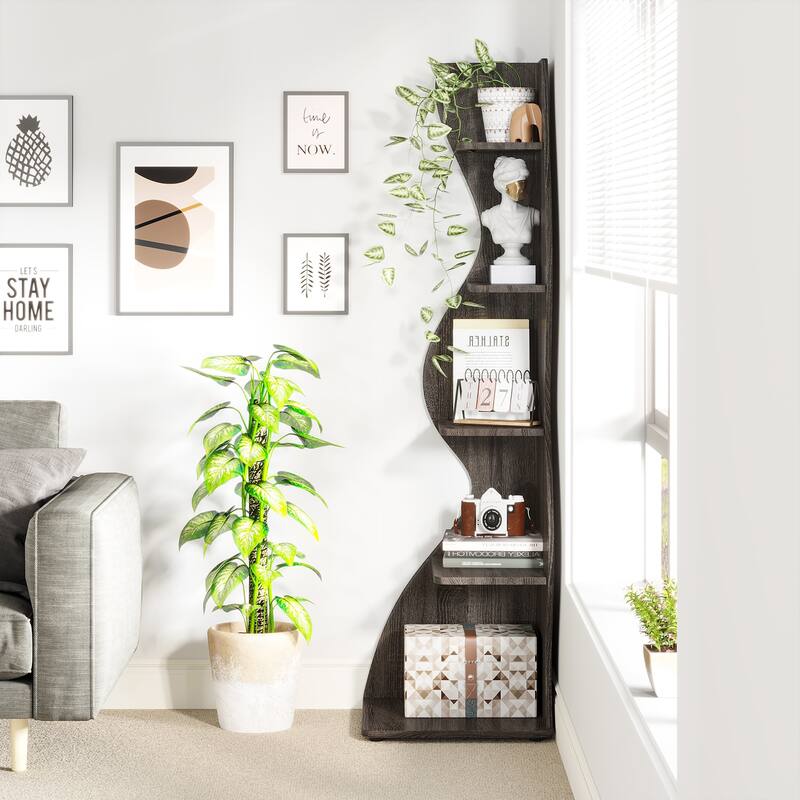 Modern Wood Corner Shelf, 5-Tier Bookshelf Bookcase for Living Room