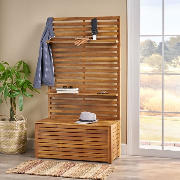 slide 2 of 14, Roomfitters Outdoor Storage Bench with Back Rack, Solid Wood Patio Deck Box with Shelves for Garden or Porch, Teak Teak