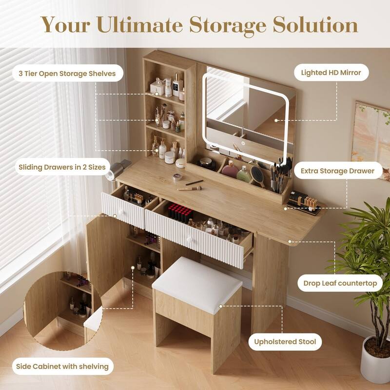 Makeup Vanity Desk with Mirror, Charging Station, Storage Drawers， Stool